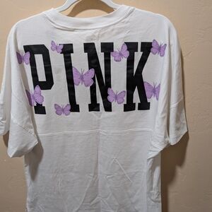 PINK Victoria's Secret White Tee with Black Logo and Purple Butterflies
